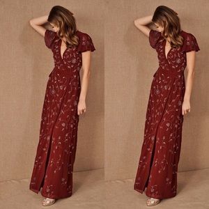 BHLDN Deep Red Maxi Dress with Embroidery